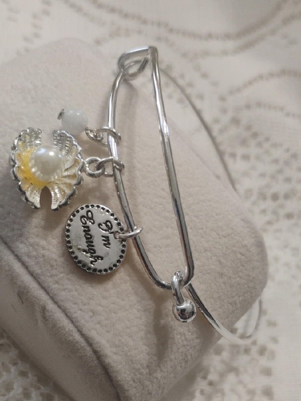 Silver Atine  'I'm Enough' Charm Bangle Bracelet with Yellow Flower Accent